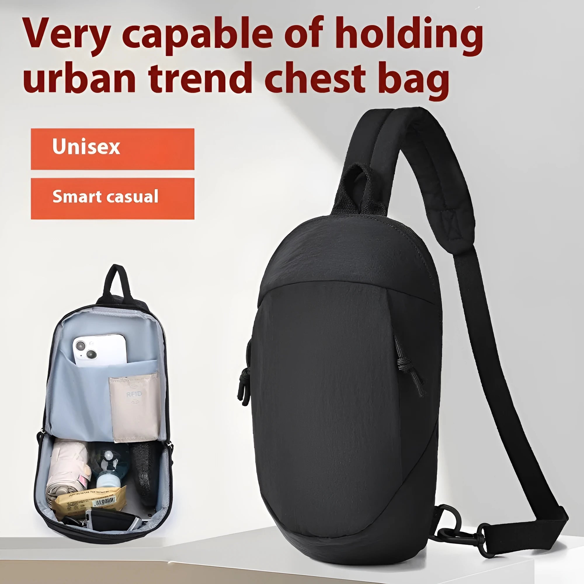 Nylon outdoor crossbody chest bag in army green with an internal phone compartment.