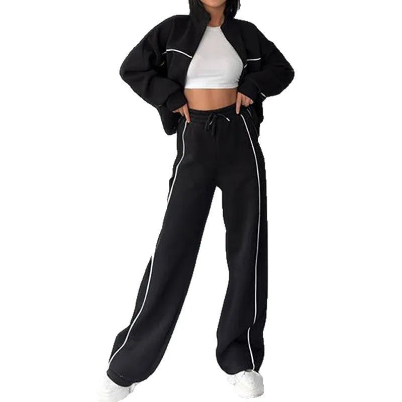 Casual polyester suit with zip hoodie and striped lace-up trousers in apricot colour.