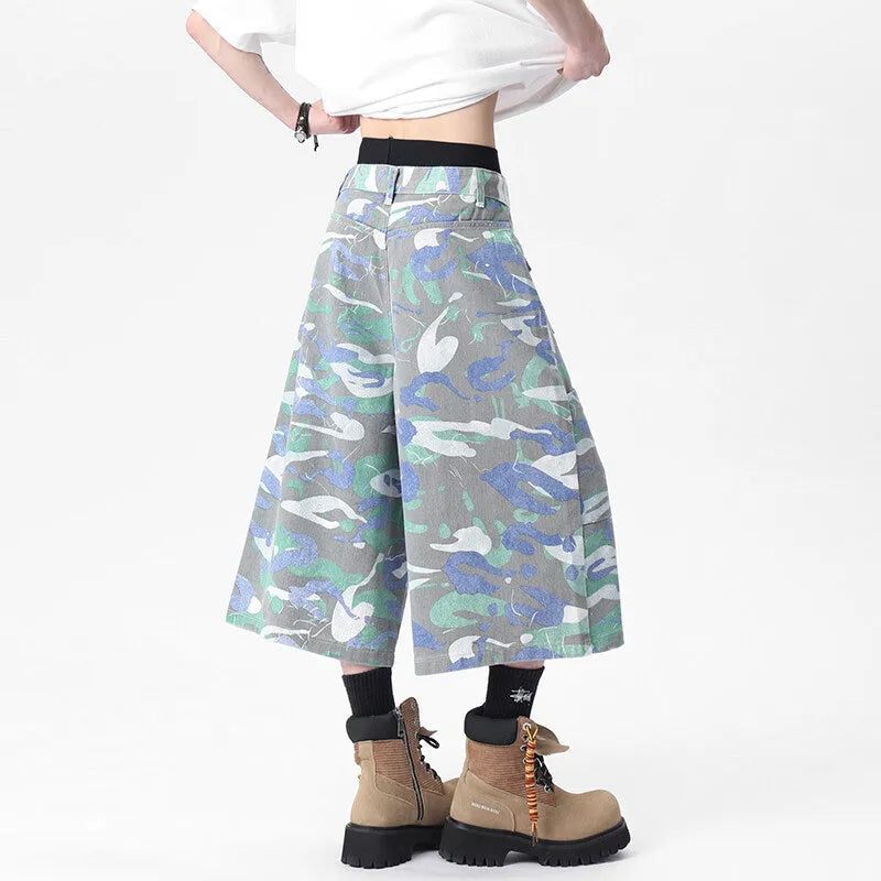 Camouflage colour denim work trousers with cargo pocket, cropped length, straight leg fit