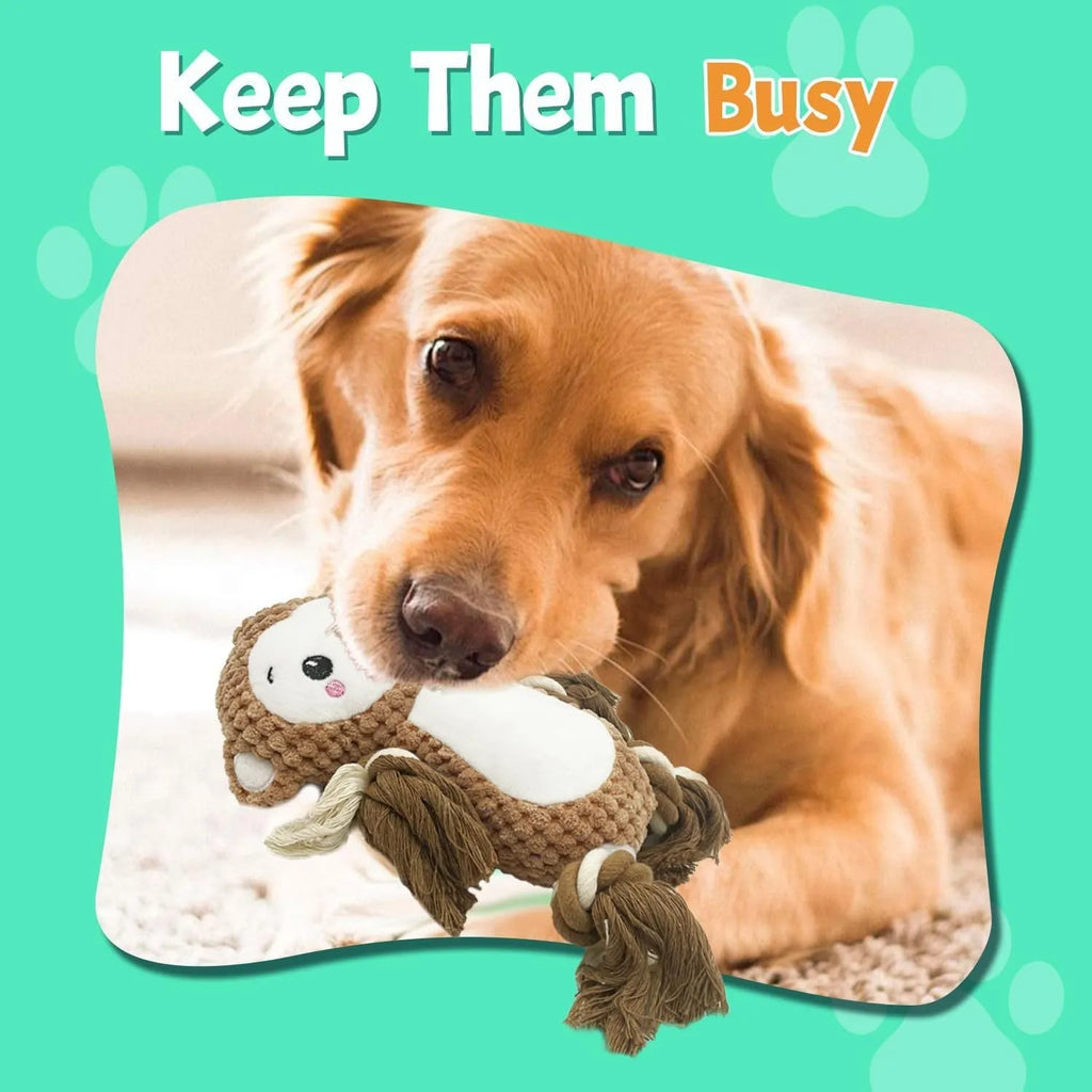 Lion and monkey plush squeaky dog toys bundle showing measured dimensions for medium to large breed dogs