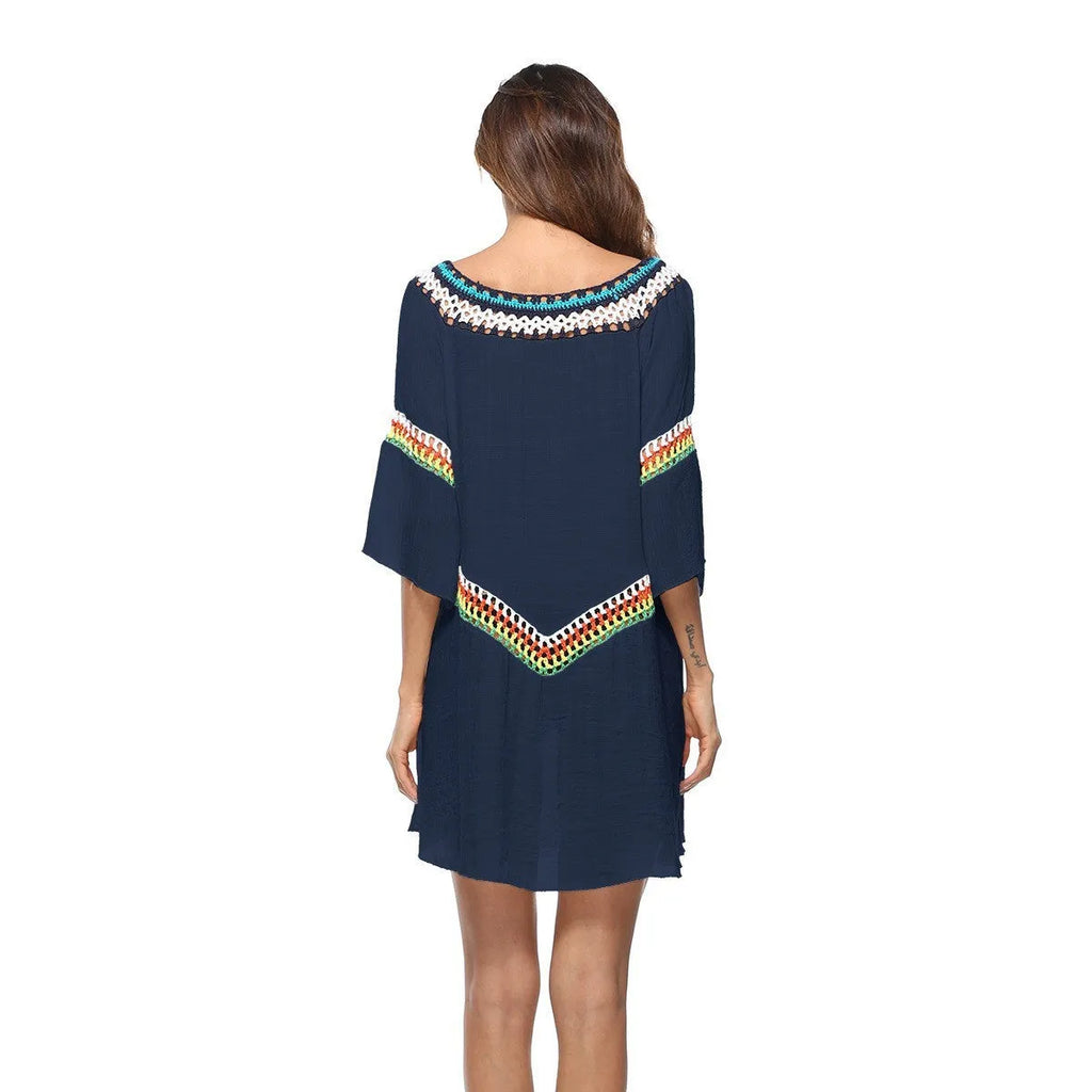 Crocheted ethnic style white polyester sun protection clothing for women on a beach