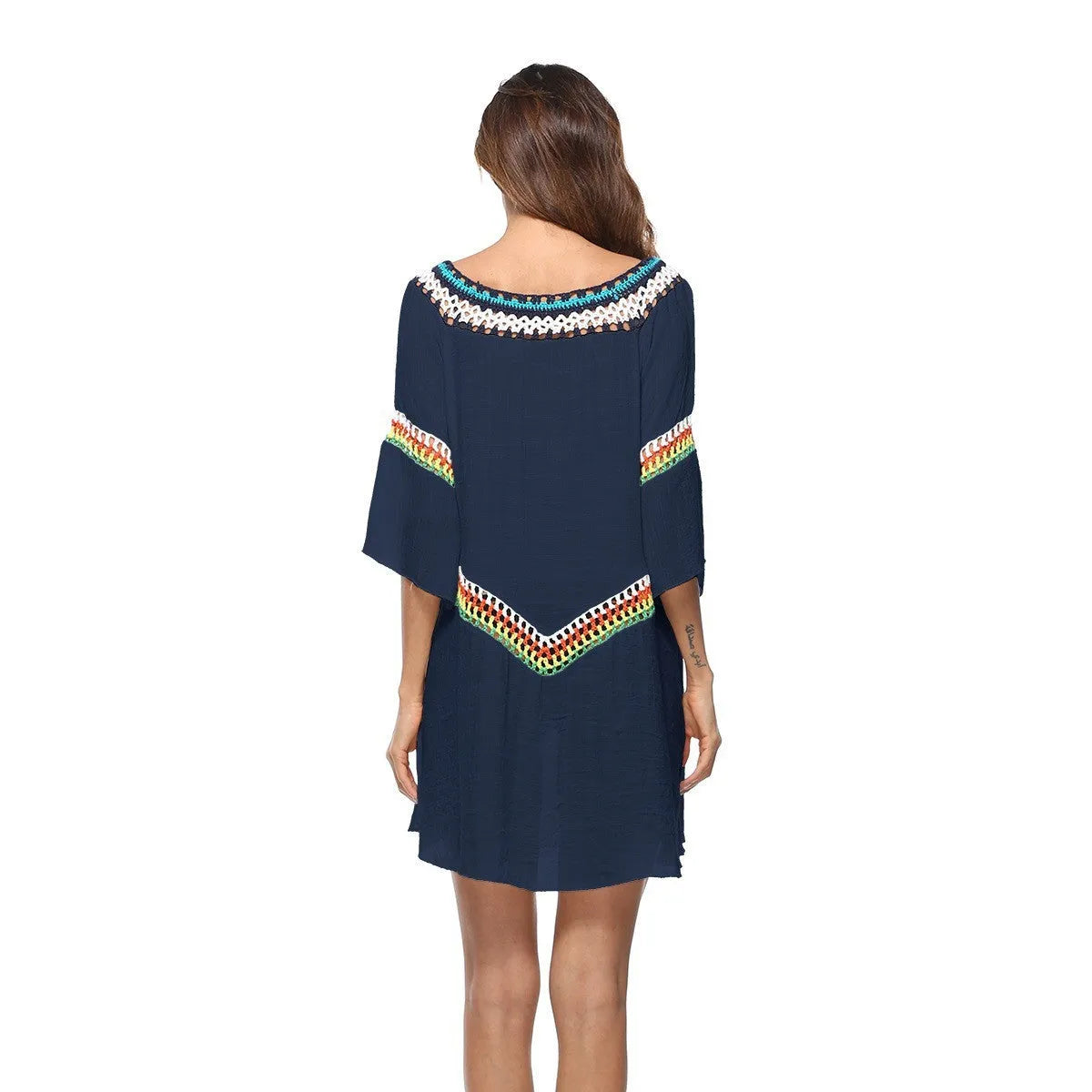 Crocheted ethnic style white polyester sun protection clothing for women on a beach