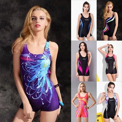 Women's black and blue one-piece swimsuit with sleeveless conservative design
