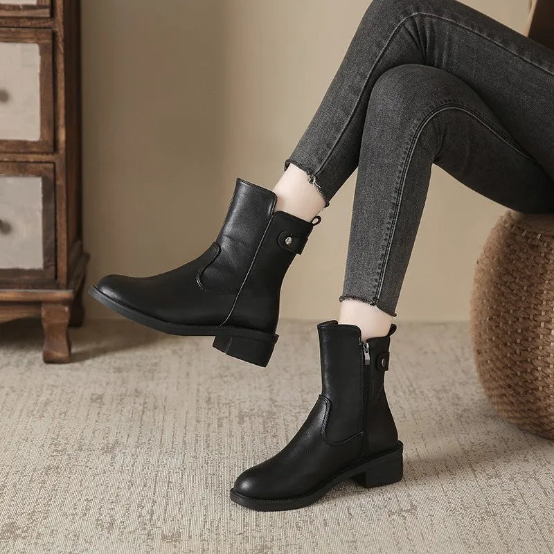 Women's black low heel ankle boots with side zip and round toe