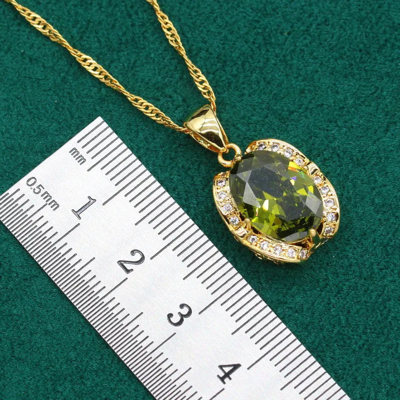 Women's rhinestone zircon jewellery set with snake bones chain and copper inlay in olive green or red colour
