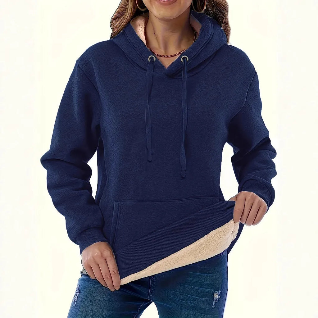 Women's loose-fitting hooded sweater with front pockets in thick polyester fabric