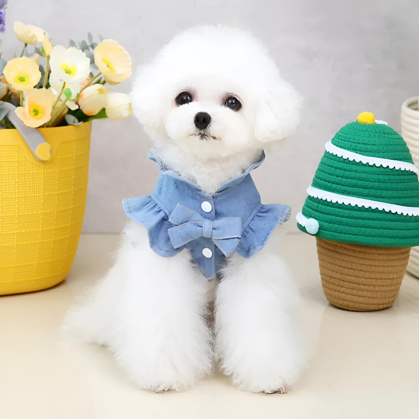 Blue denim pet dress with ruffled vest styling and leash hook for dogs or cats