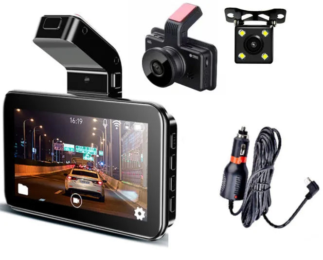 3-inch screen dual lens car dashboard camera DVR with front and rear cameras on a car dashboard.