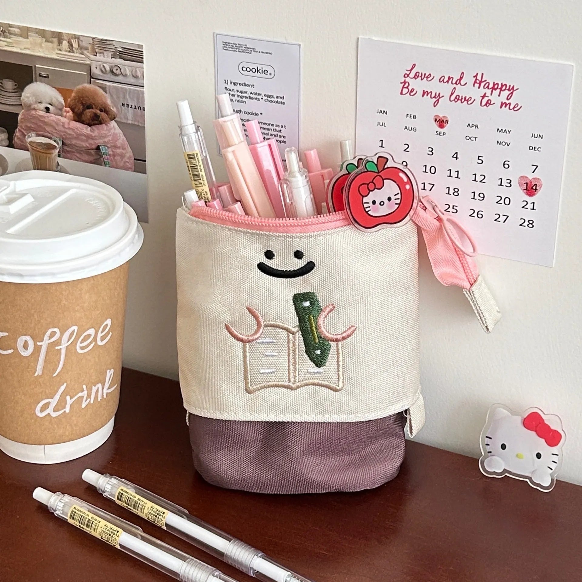 Brown Korean style collapsible pencil case with cartoon design measuring 17x14cm