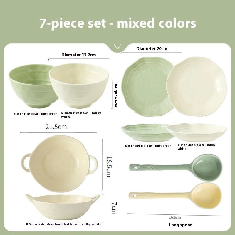 Seven-piece solid colour ceramic tableware set with modern Japanese style design