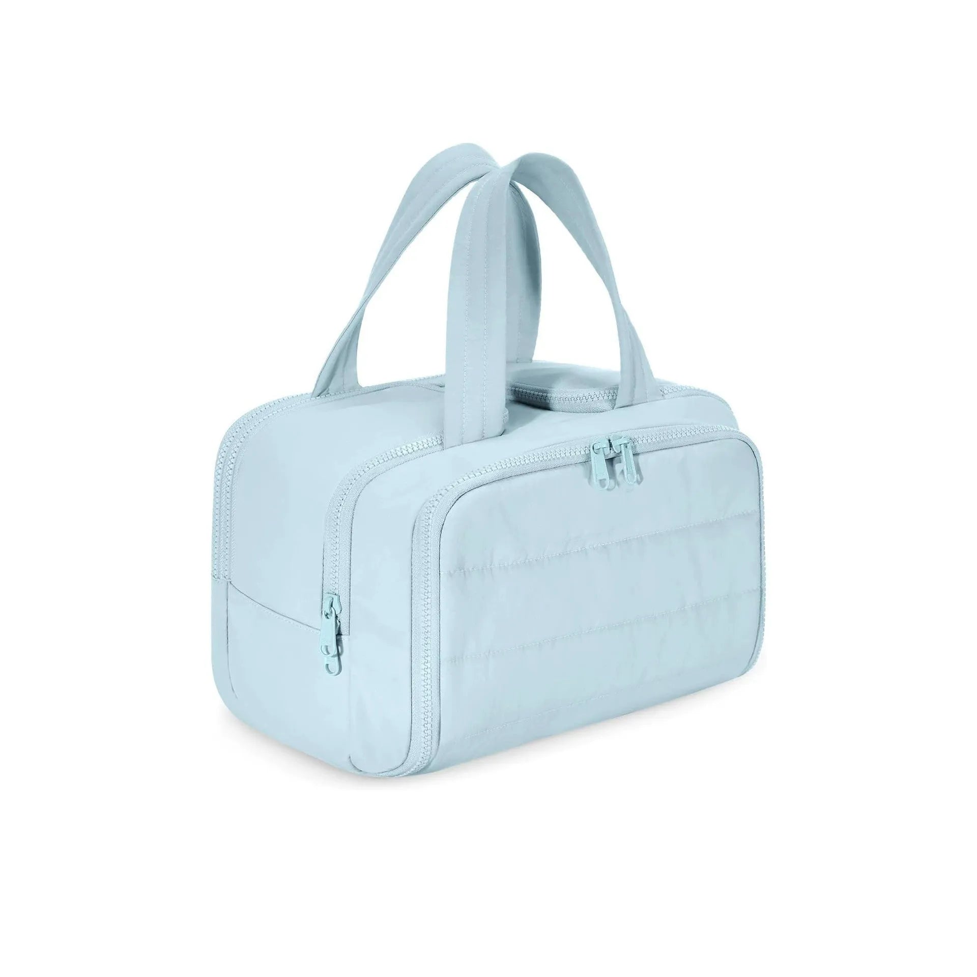 Lightweight large capacity travel toiletries bag open showing fluffy polyester interior in available colours