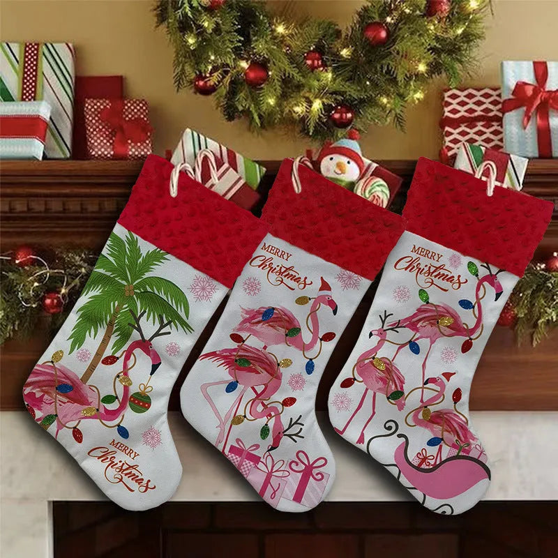 Flamingo Christmas stocking decoration in cloth material measuring 46 by 28 centimetres