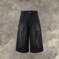 Men's black denim shorts with flame embroidery patch, cropped length and straight fit streetwear style