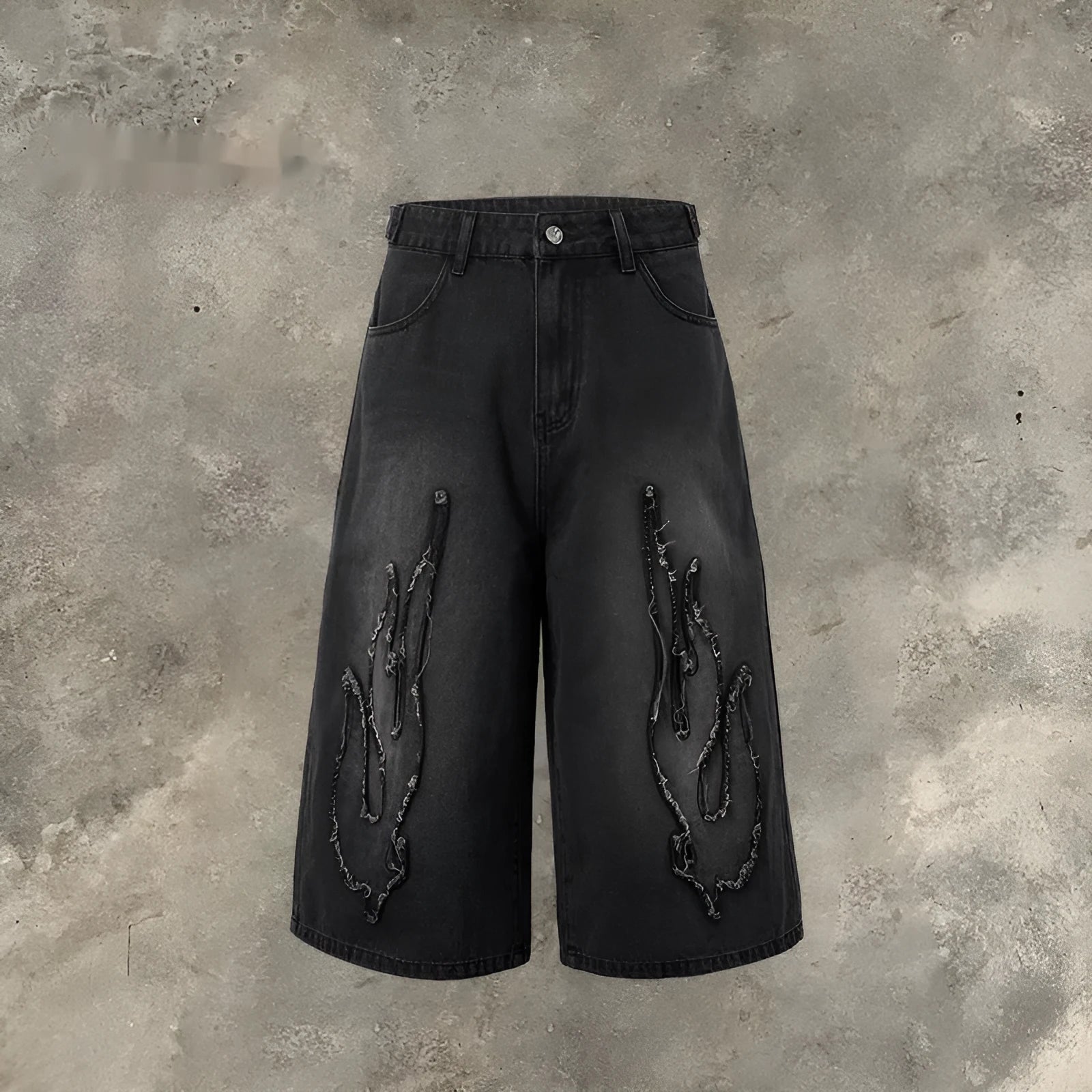 Men's black denim shorts with flame embroidery patch, cropped length and straight fit streetwear style