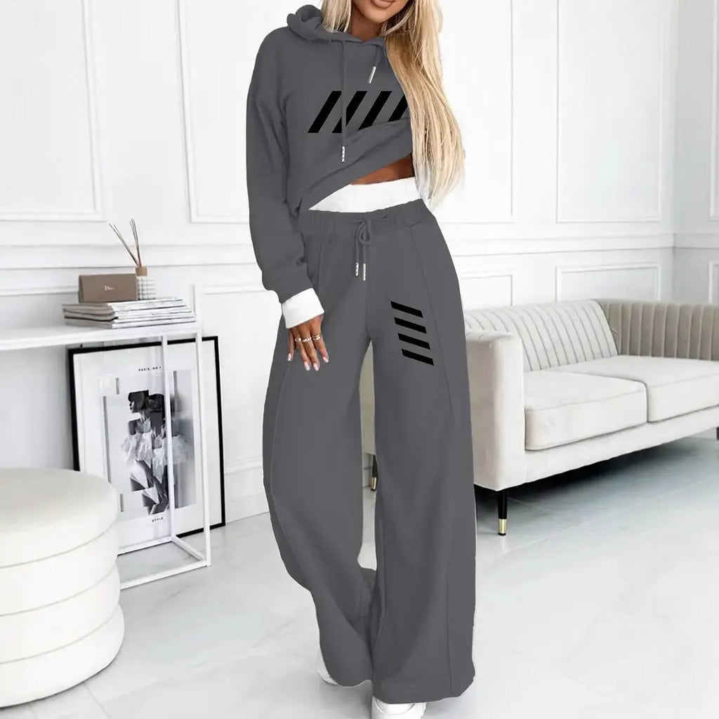 Women's casual hooded sweatshirt and jogger set in dark gray polyester
