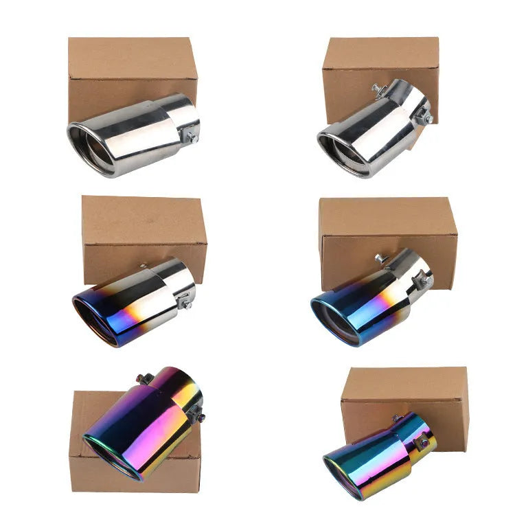 Stainless steel car modification exhaust tailpipe in bright silver and baked blue finishes.