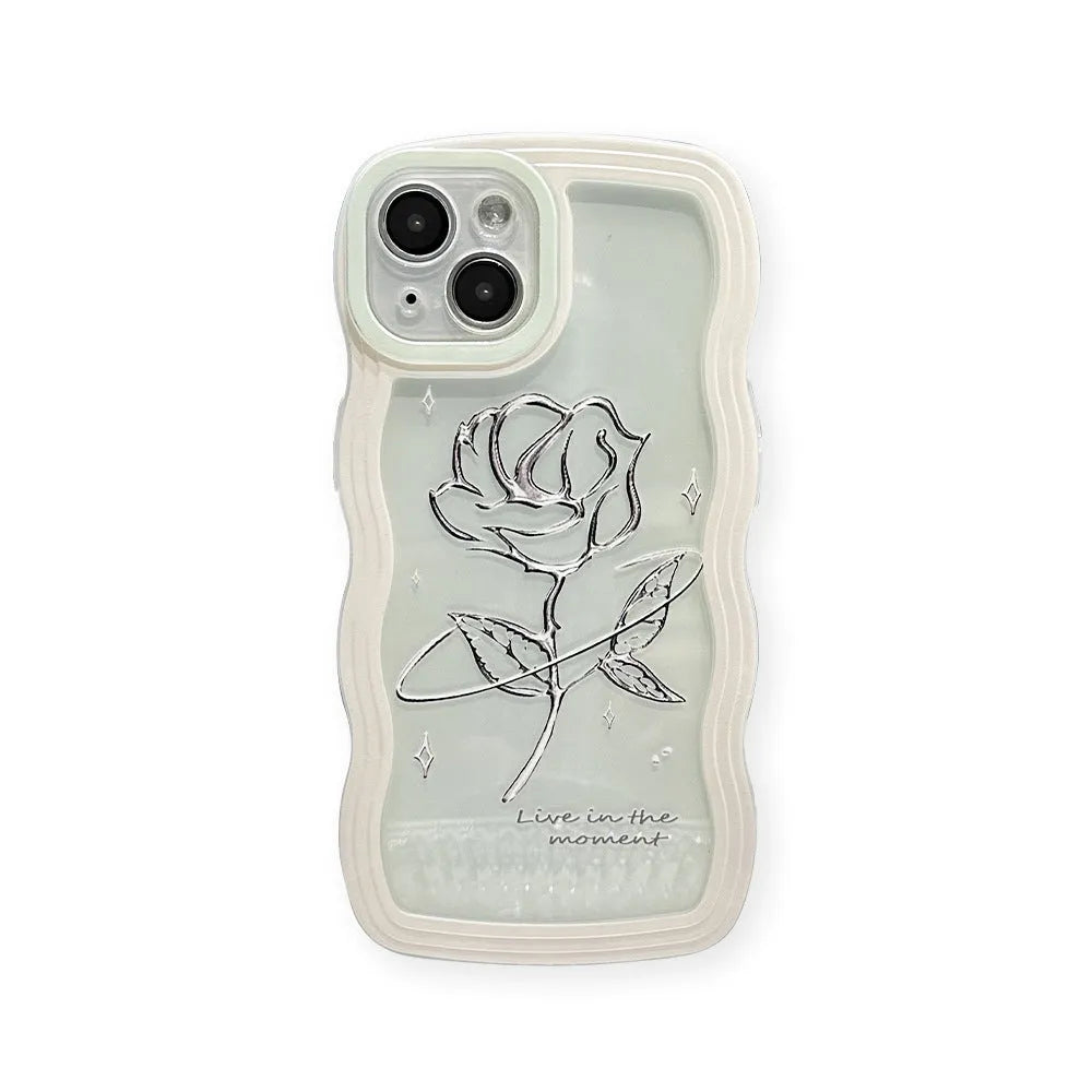 Rose transparent TPU silicone phone case with clear black rose pattern and colourful love lanyard for iPhone