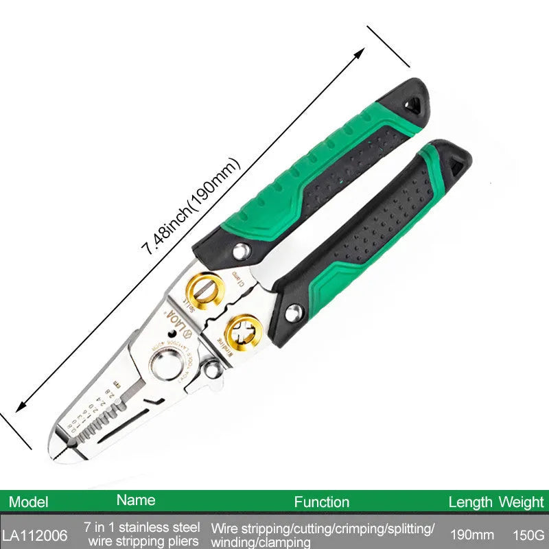 7-in-1 stainless steel wire stripper tool with two-colour ABS handle and seven labelled stripping apertures.