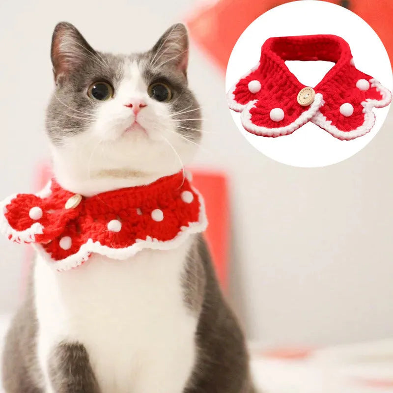 Handmade wool knitted pet collar with cartoon pattern for cat, dog, or rabbit.