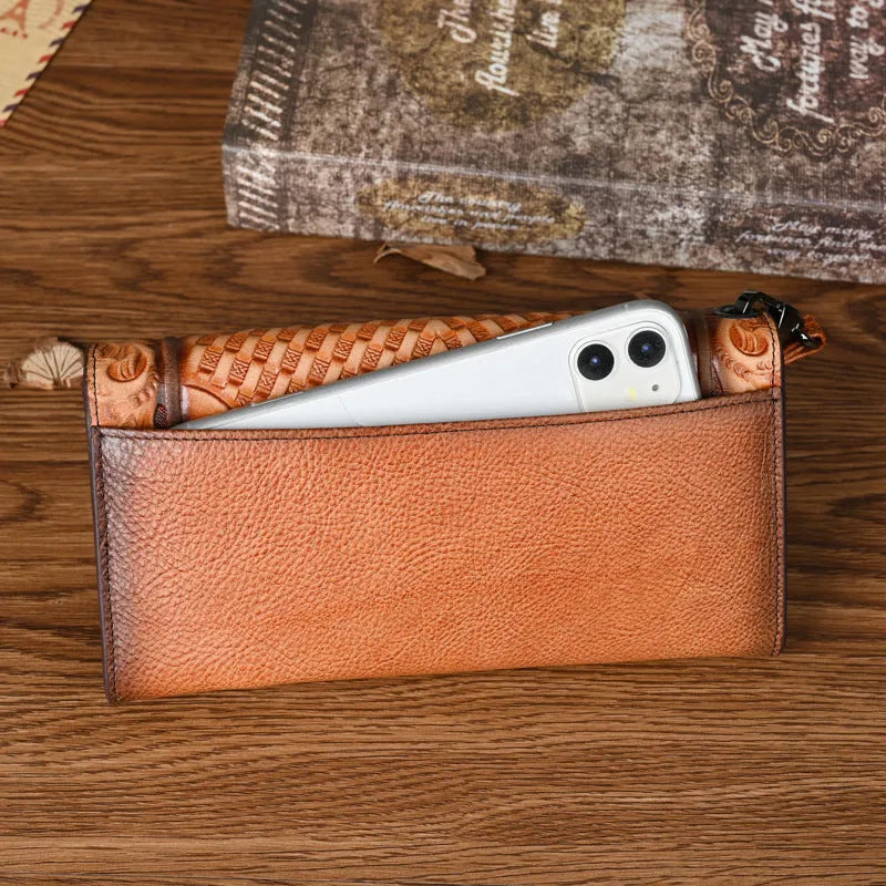 Women's tri-fold cowhide wallet with Chinese embossed floral patterns in retro brown colour