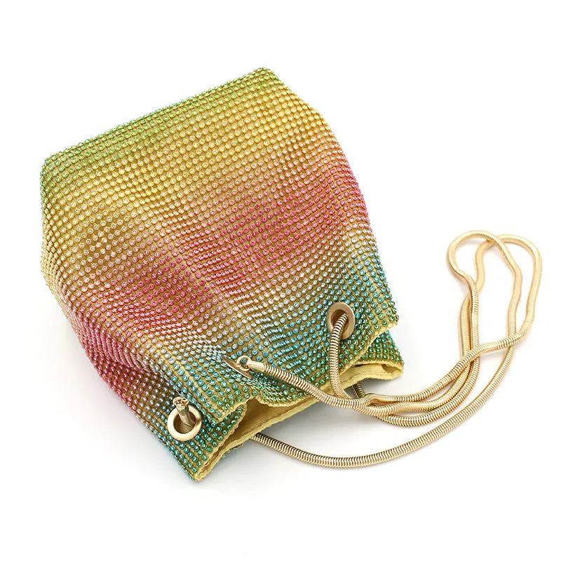 Rainbow iridescent rhinestone fabric bucket bag with soft texture