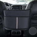 Black leather car seat storage bag with carbon fibre pattern, showing size.