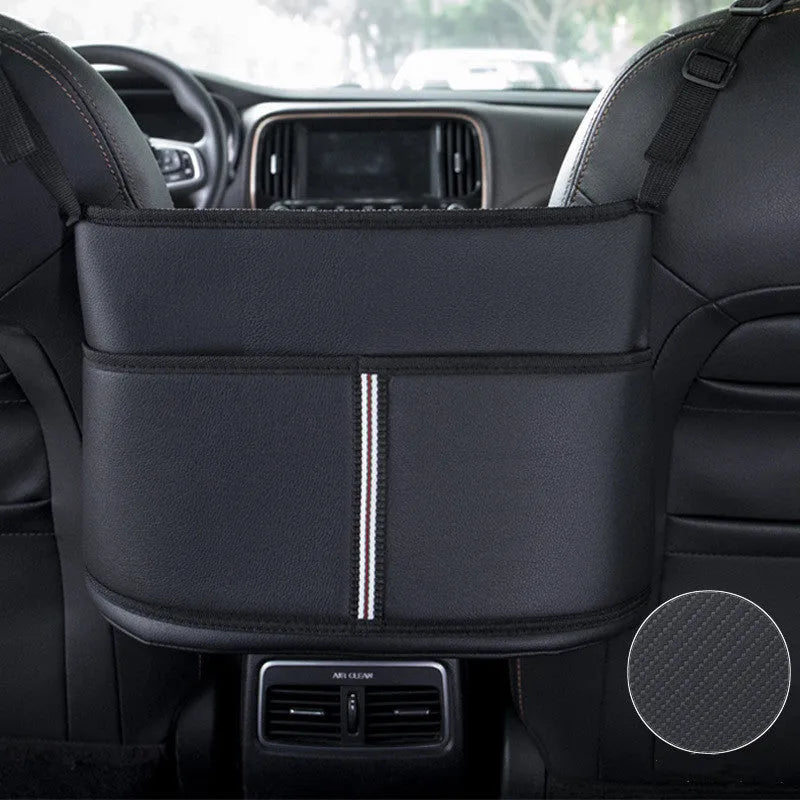Black leather car seat storage bag with carbon fibre pattern, showing size.