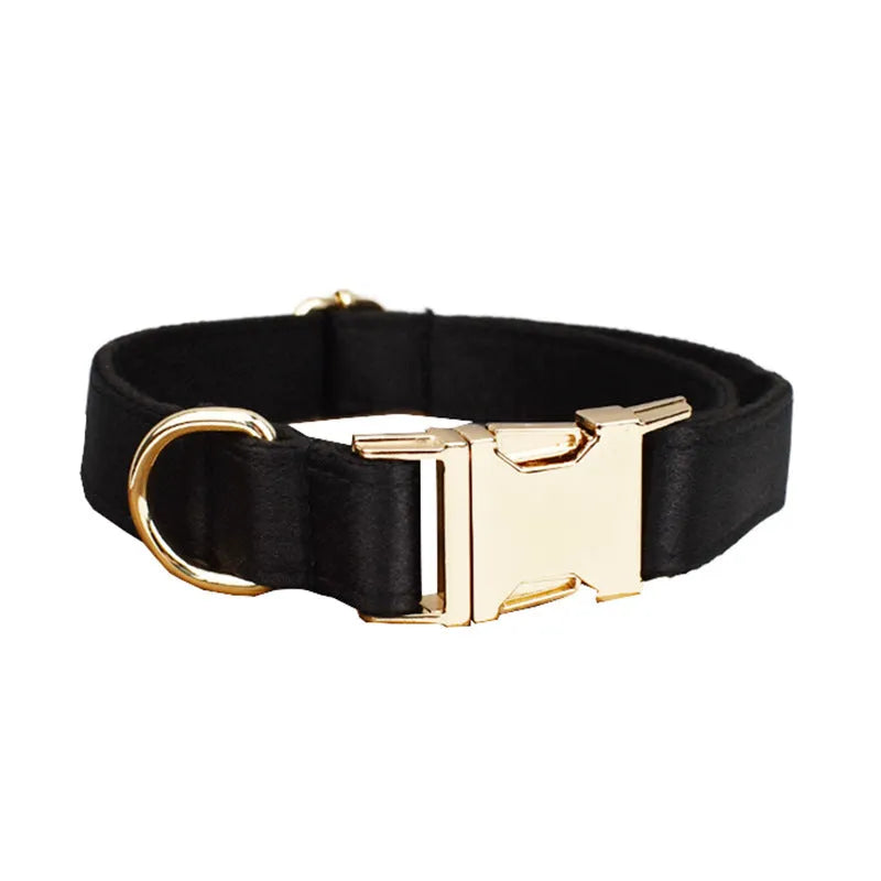 Cloth dog collar and leash set with matching vest and bow tie in four adjustable sizes