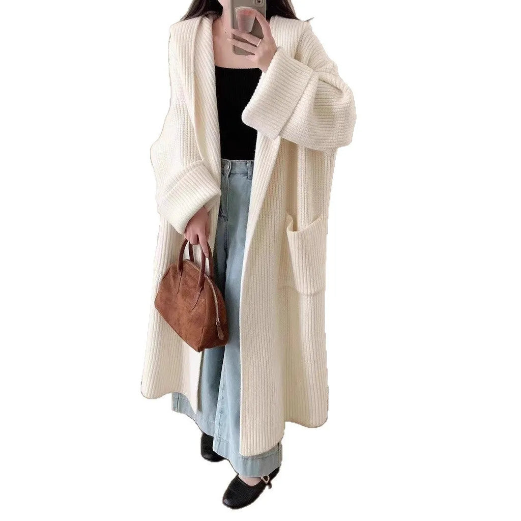 Women's loose hooded cardigan coat in acrylic fabric with 80cm length and raglan sleeves