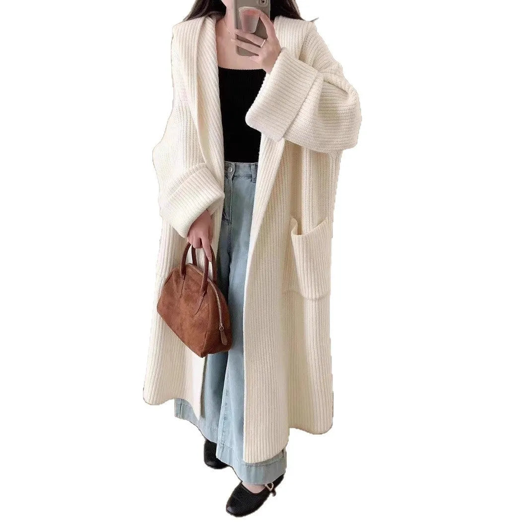 Women's loose hooded cardigan coat in acrylic fabric with 80cm length and raglan sleeves