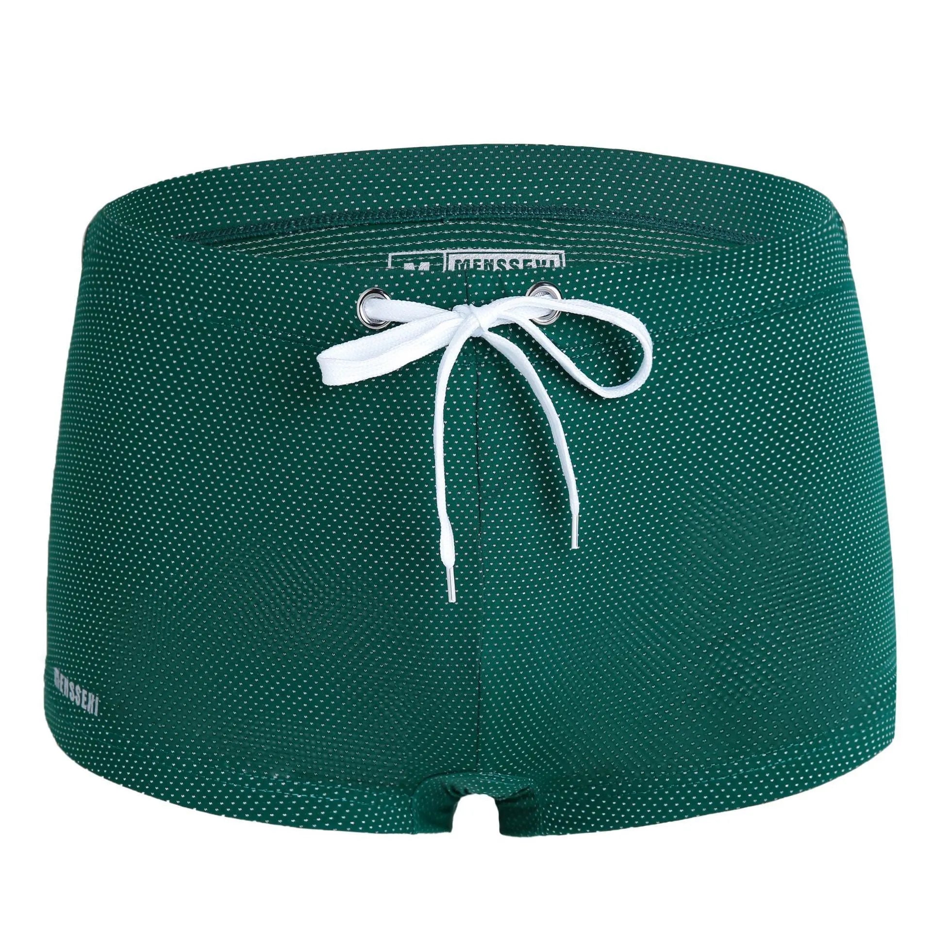 Men's low waist nylon swimming trunks in a solid colour with a boxer brief design.