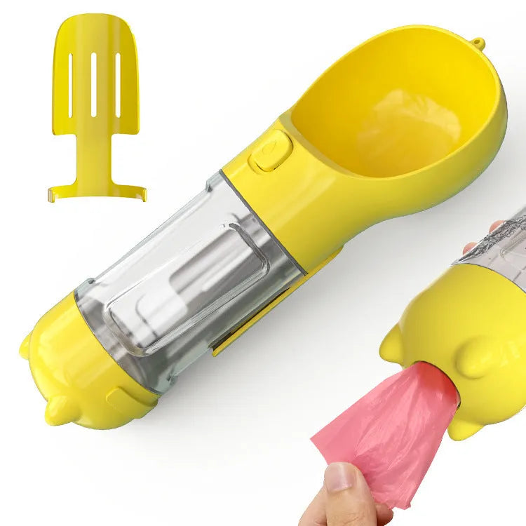 Portable 3-in-1 dog water bottle with leak-proof design, poop bag dispenser, and treat holder in aquamarine colour
