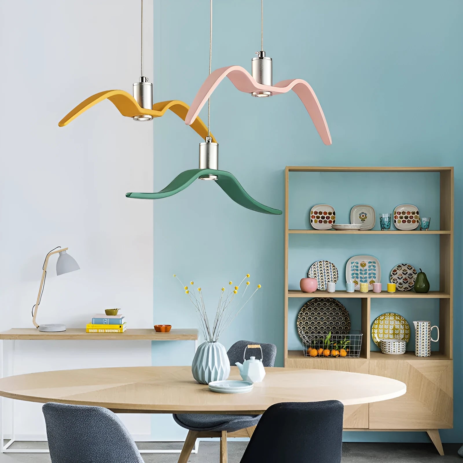 Nordic style Macaron shaped personalised LED chandelier ceiling light in a selected colour.
