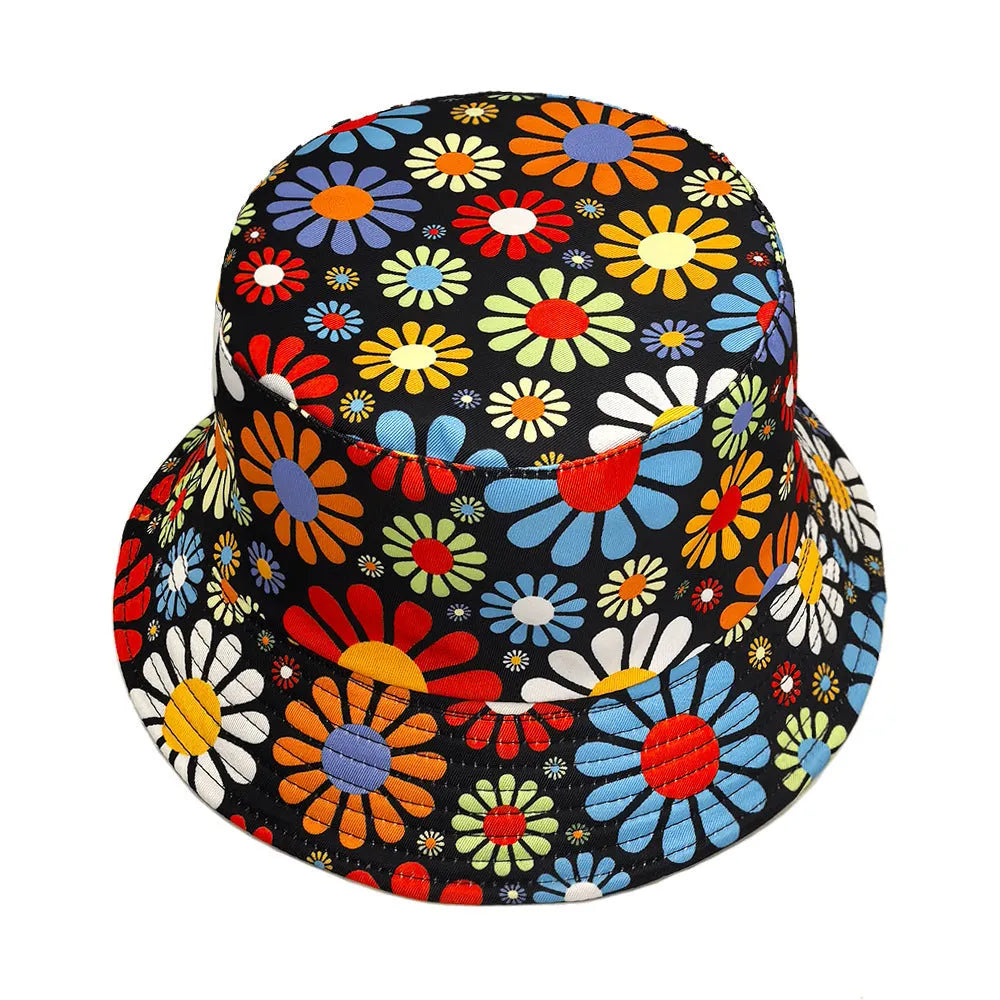 Colourful floral print polyester bucket hat with dome crown in medium size 56-58cm