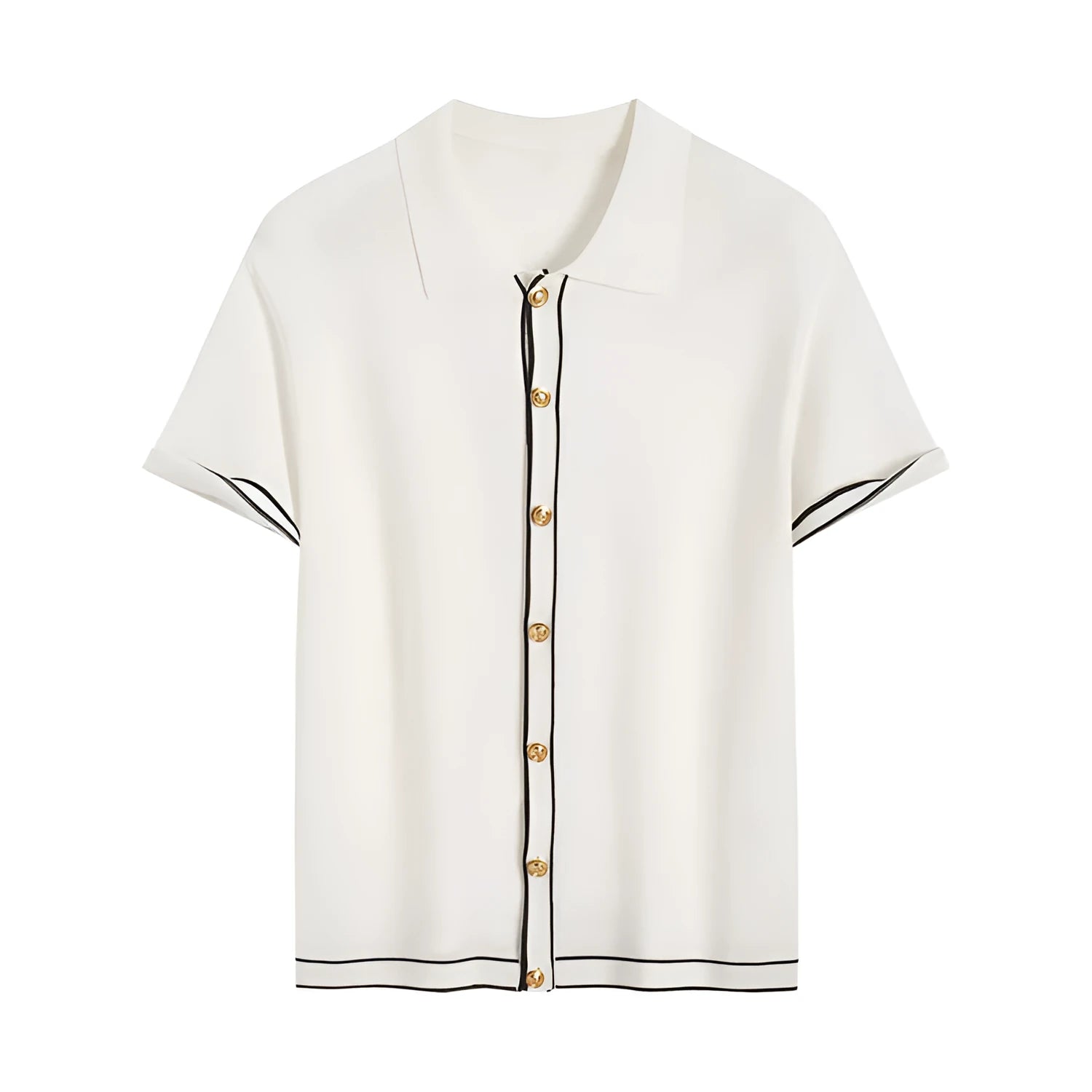 White women's short sleeve cardigan with dark contrast lapels on a hanger.