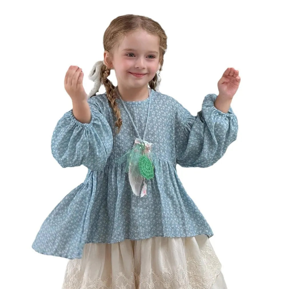 Blue cotton flower print doll shirt for girls round neck long sleeve Korean-style top