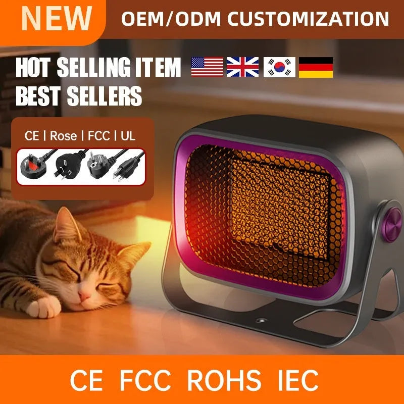 Compact grey desktop heater with ceramic heating technology and rotatable design