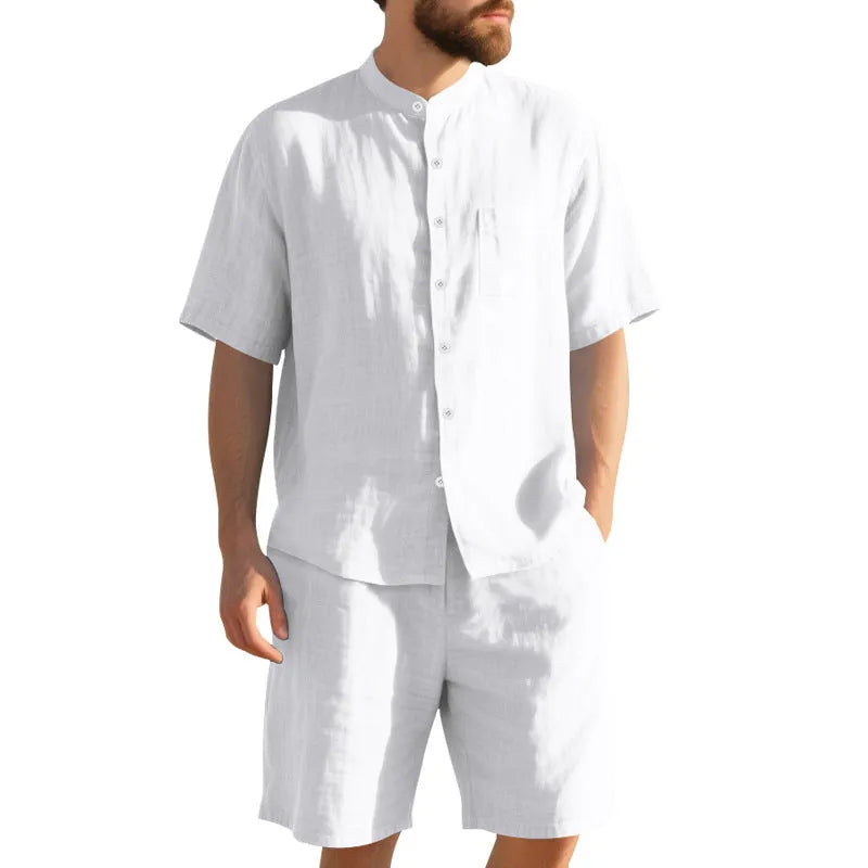 Men's linen summer two-piece suit with short sleeve Henry collar jacket and matching shorts