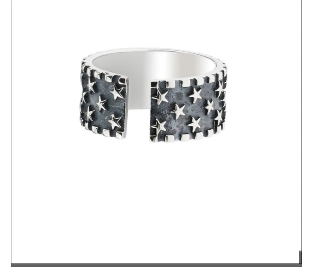 925 silver multi star ring with geometric pattern and adjustable opening