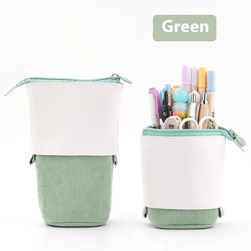 Korean-style telescopic corduroy stationery case in six colour options including purple and green.