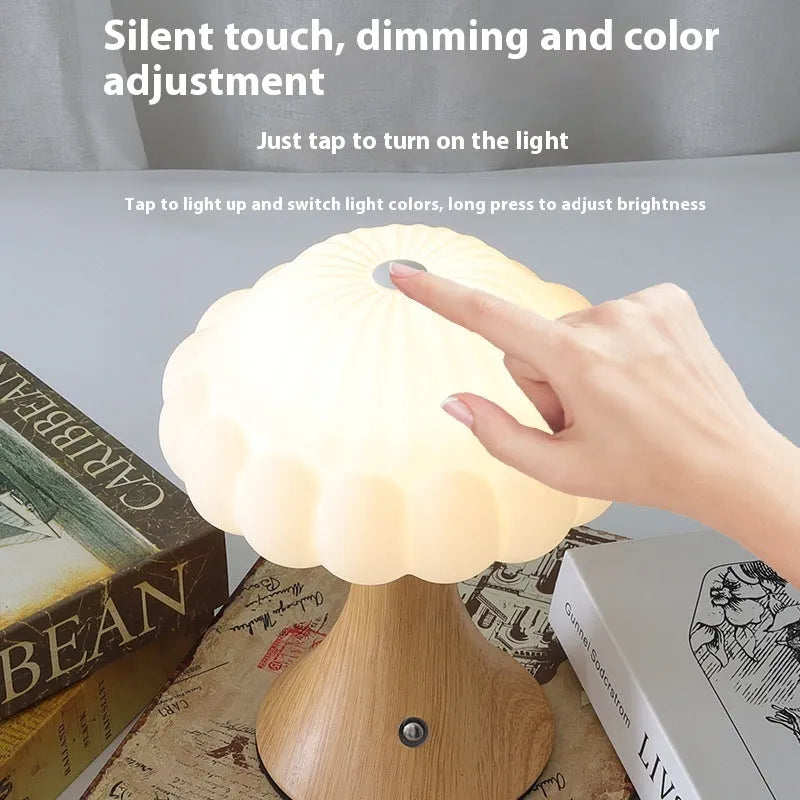 Mushroom shaped touch control night light with USB charging in wood grain colour finish