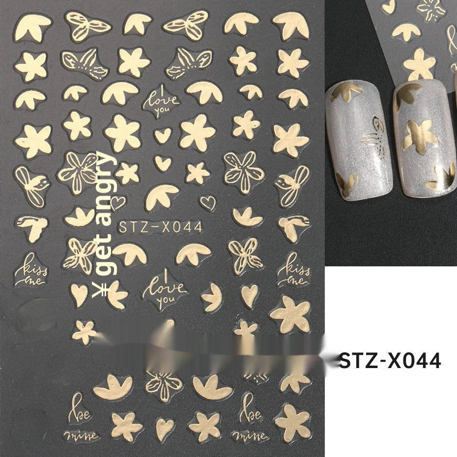 Set of 60 black and silver cartoon pattern nail strip stickers with plastic application patch.