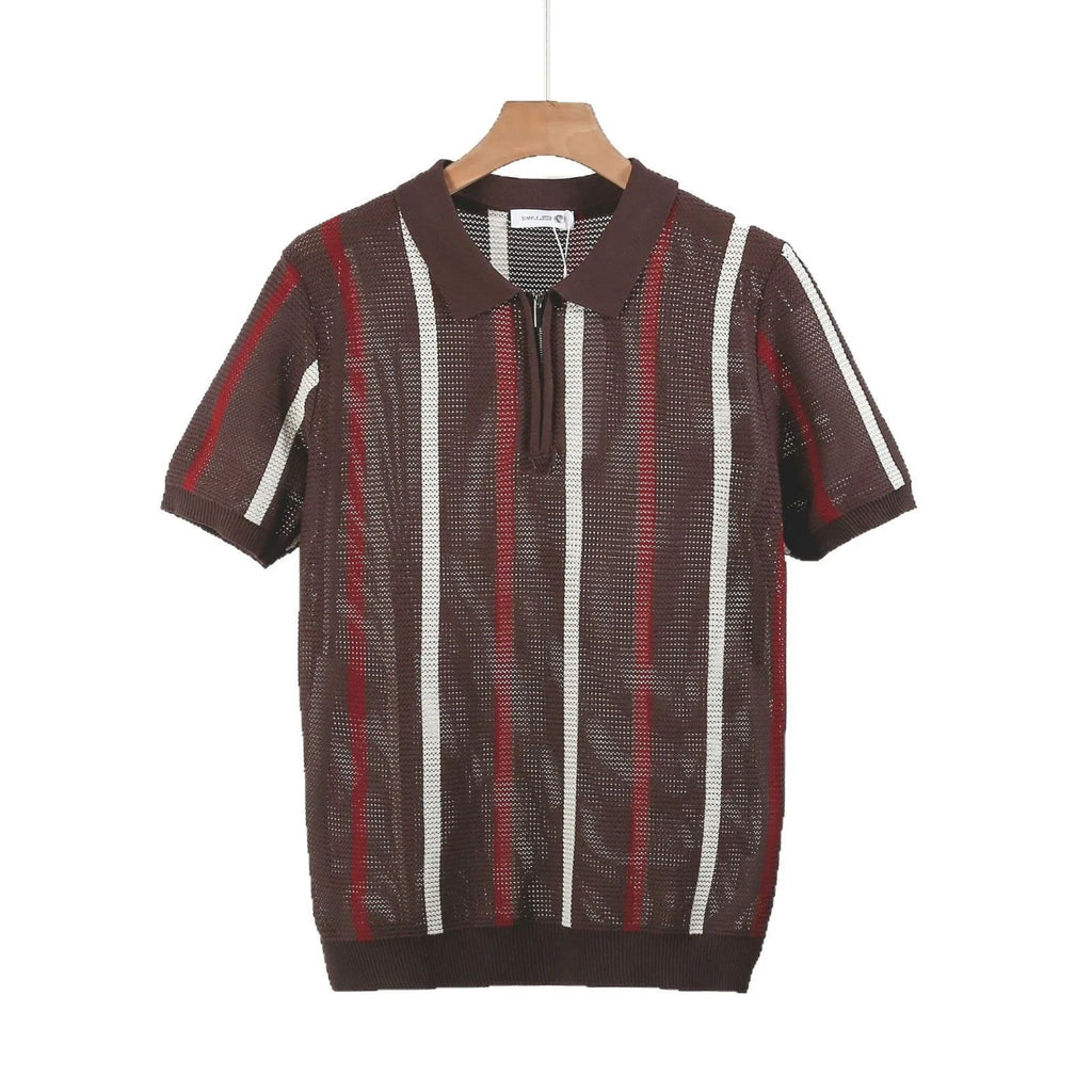 Hollow mesh short-sleeved knit polo shirt in loose fit ice silk viscose for summer.