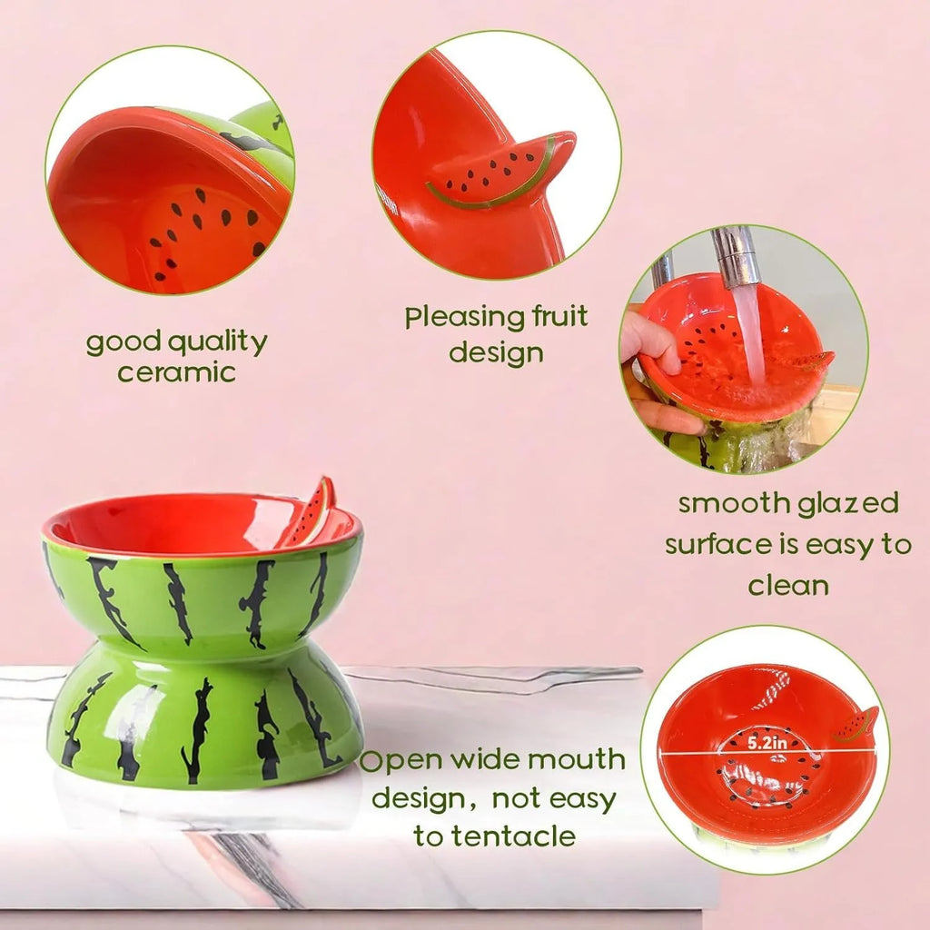 Orange ceramic raised cat bowl with tilted design and non-slip base on a table.