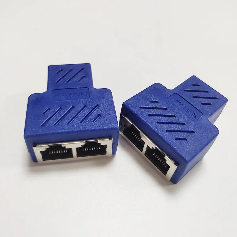 RJ45 three-way network cable splitter adapter in five colour choices.