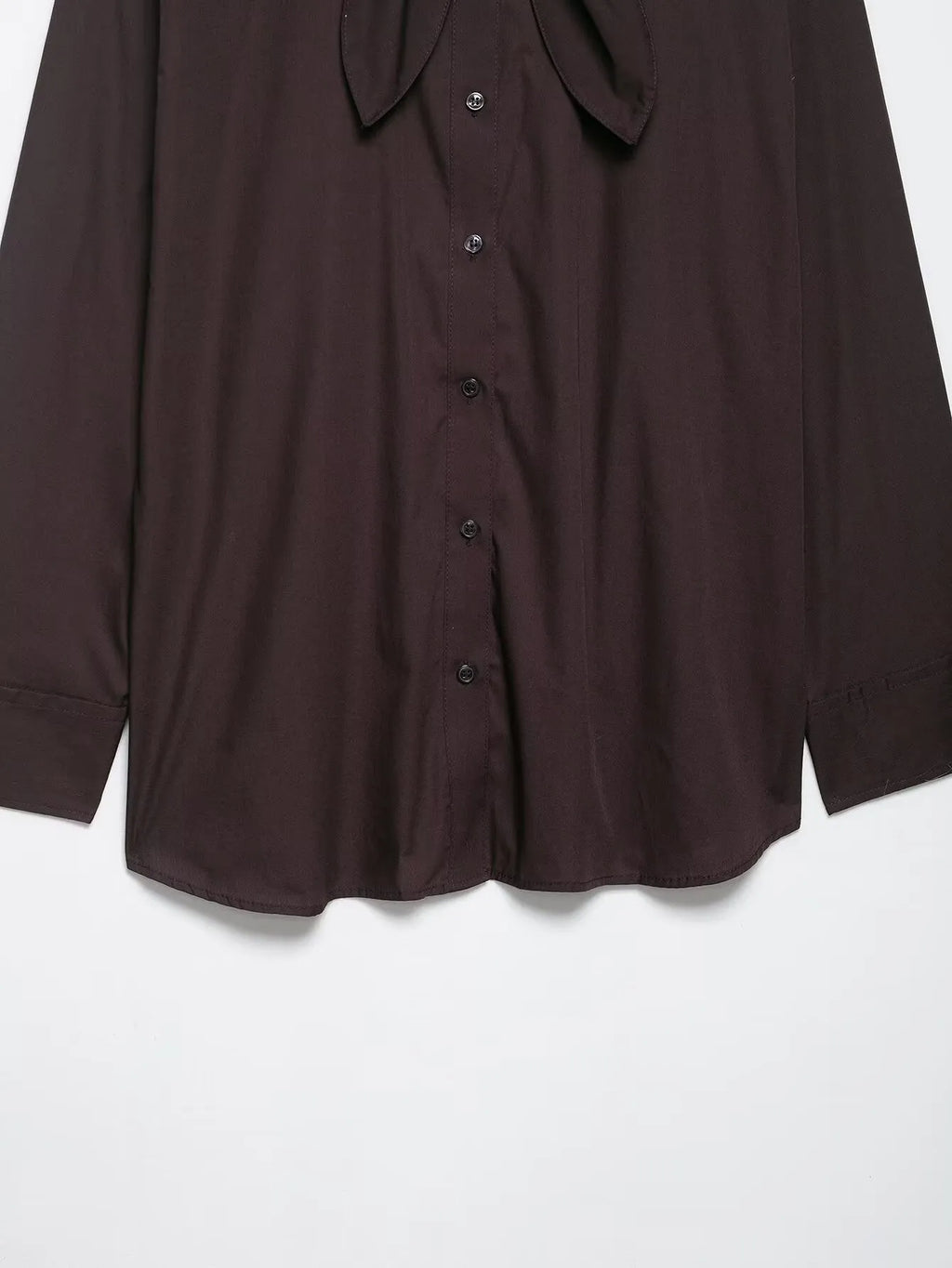 Brown women's poplin shirt with a loose fit, long sleeves, and a self-tie bow scarf collar.
