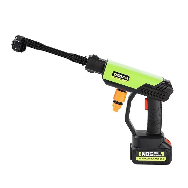 Green wireless high-pressure water gun with multiple nozzles and accessories on a white background