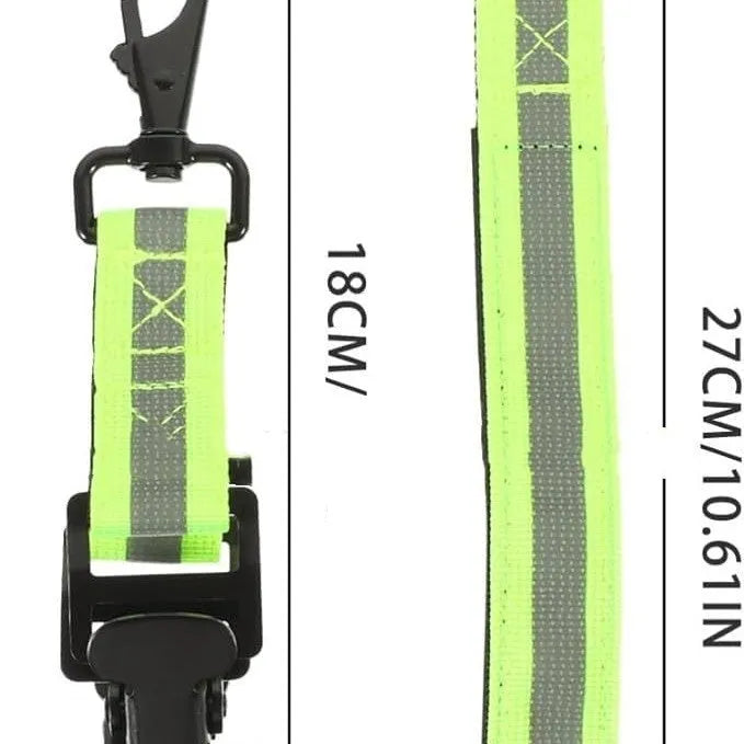 Fluorescent green metal safety clamp with reflective nylon lining for attaching work gloves.