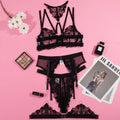 Black women's bikini bra with embroidery stitching on mesh fabric, showing three-point style.