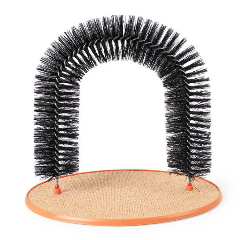 White plastic arched cat groomer with built-in brush bristles for scratching and rubbing